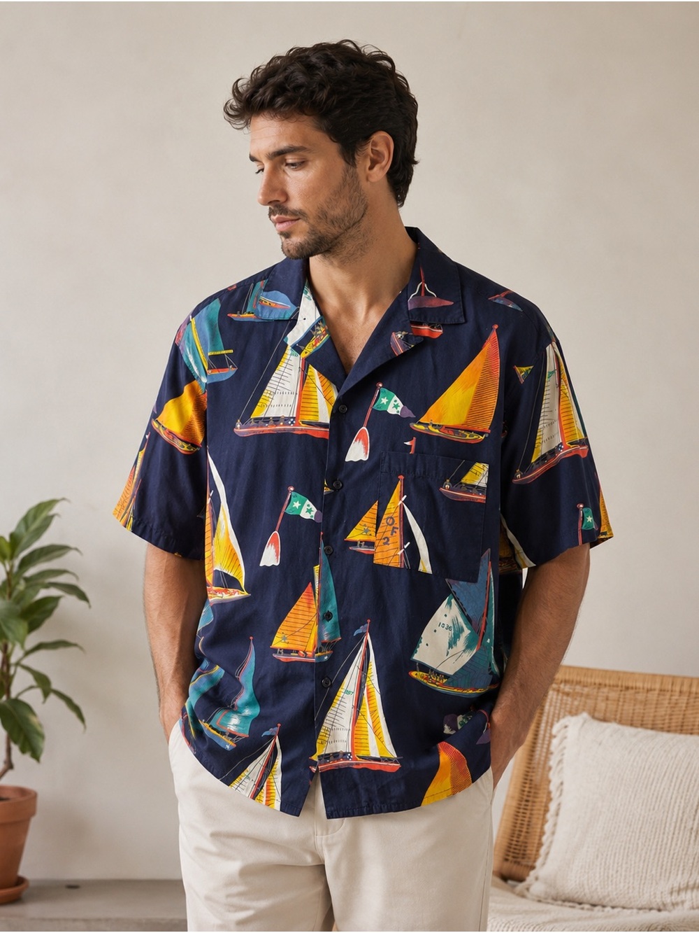 Gottex Navy Sailboat Print Short-Sleeve Button-Down Shirt